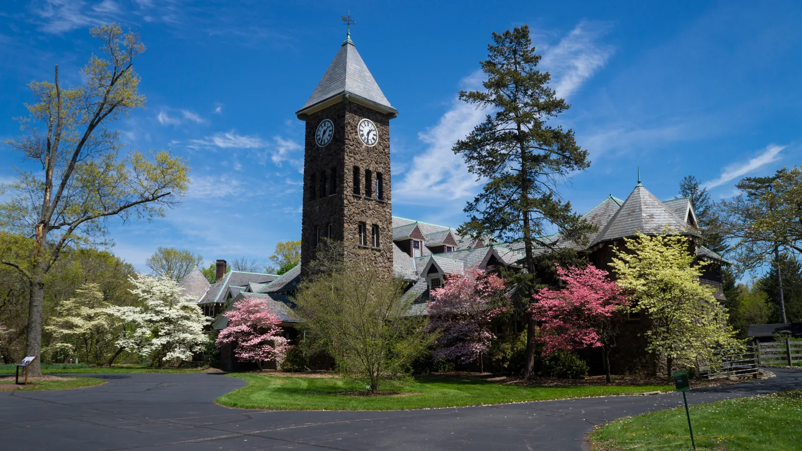 Duke Farms Coach Barn and clock tower framed by flowering dogwoods